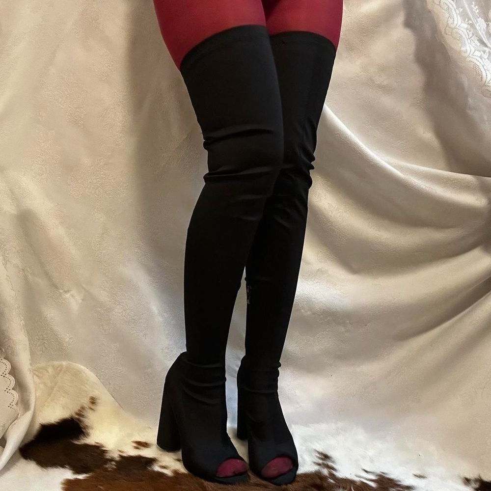 EGO Black Over-the-Knee Peep-Toe Block Heel Boots with Burgundy Accents
